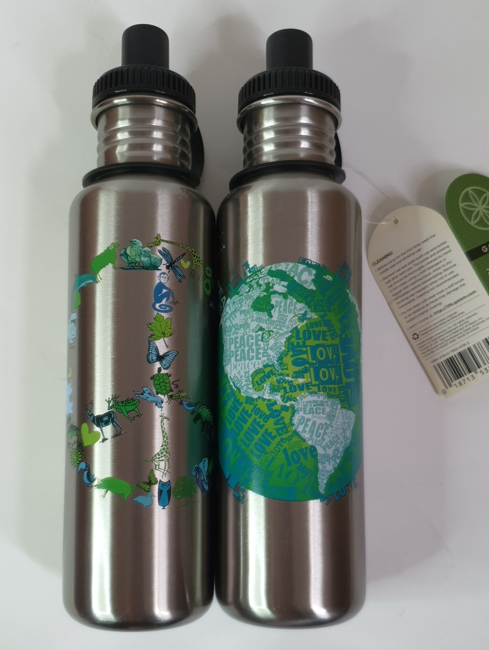 Two Stainless Steel Water Bottle From Gaiam World Of Love Graphic